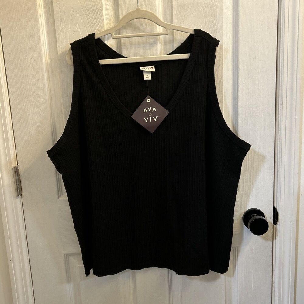 NWT Ava & Viv Women’s Plus Size 3X Black Vertical Rib Cotton Blend Tank Top